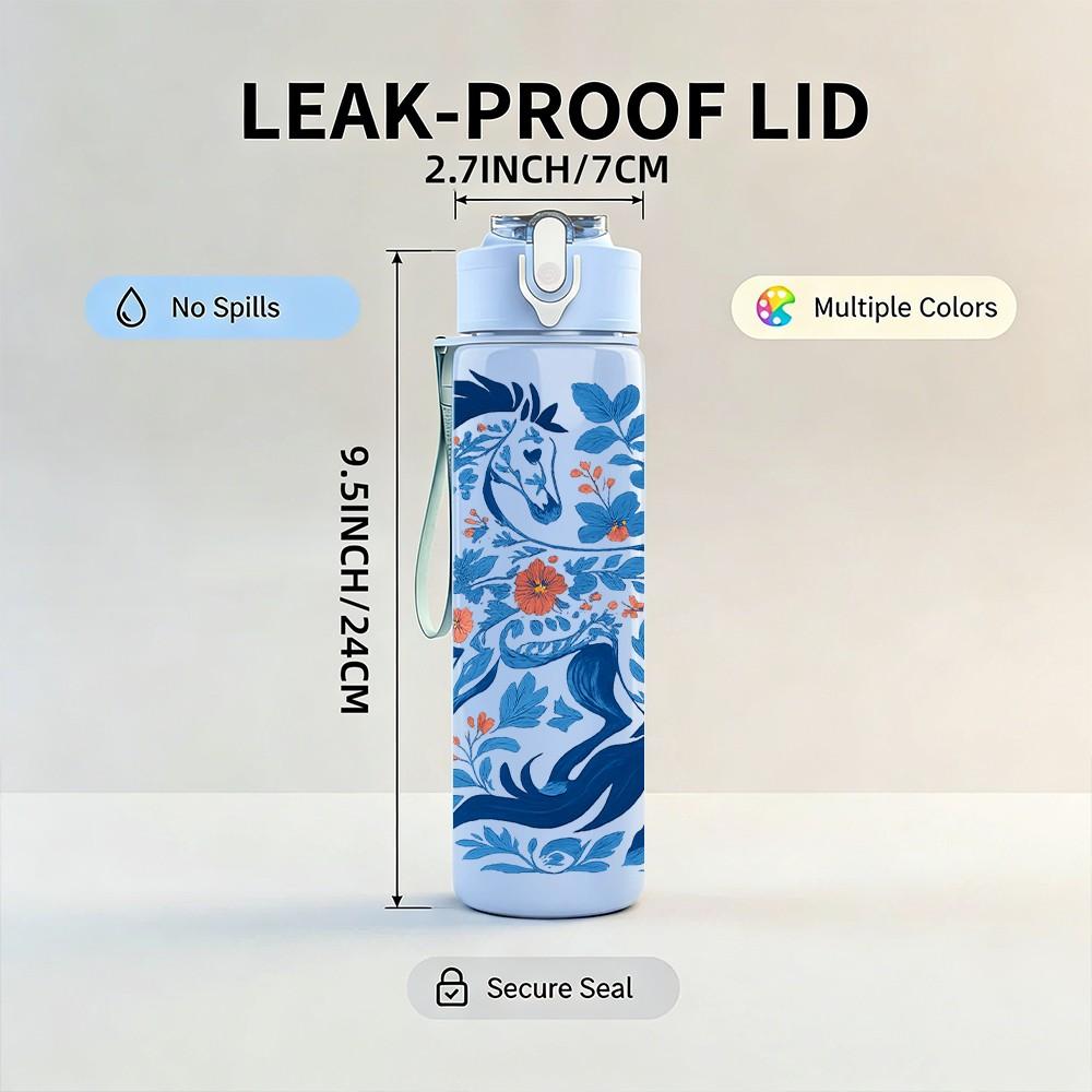 1PC Blue Dragon Traditional Art 750ml Color Plastic Sports Water Bottle Leakproof Flip Straw Lid Suitable for Sports Office Home Use