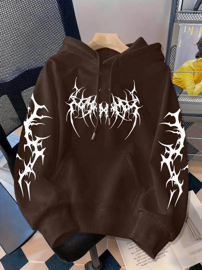 Minimalist Thorns and Spikes Printed Hooded Sweatshirt with Abstract Sharp Art Fonts on the Chest American Street Pullover Hoodie