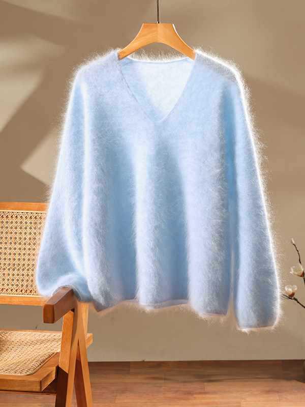 Women's Soft Brushed Cashmere V-Neck Sweater - Loose, Fluffy, Lazy Style Base Layer