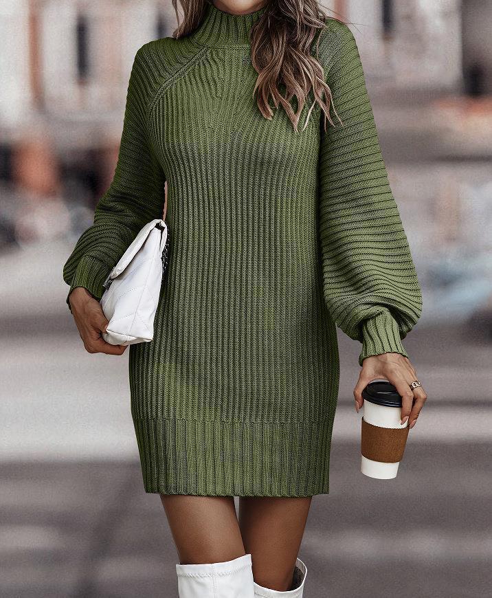Autumn/Winter Solid Color Long-Sleeve Turtleneck Sweater Dress for Women