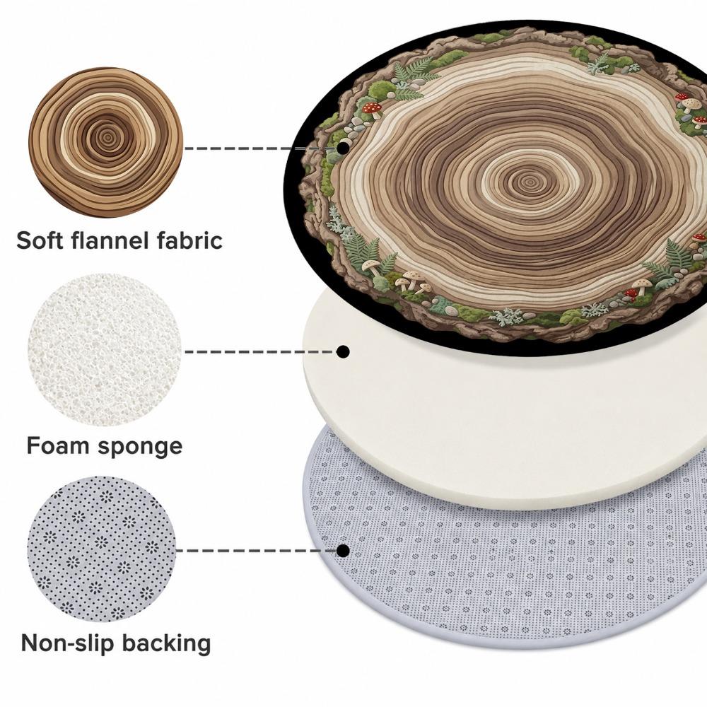 Tree Annual Ring Stump Slice Moss Mushroom Fern Botanical Bark Pattern Holiday Luxury Round Mat Area Rug Home Decor