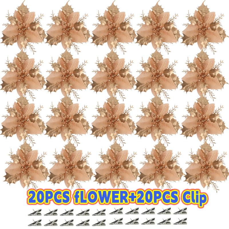 

40 шт. Искусственные блестящие рождественские цветы с клипсами для украшения елки, искусственные цветы, цветочные, для новогодней вечеринки, украшение дома