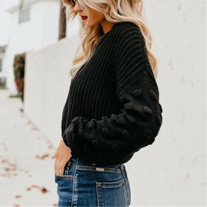 Autumn and winter new thickened short umbilical women's pullover sweater, loose casual puff sleeve women's knitted sweater