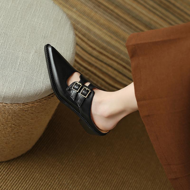 Fashion 2025 Summer Women Shoes Genuine Leather Shoes for Women Covered Toe Chunky Heel Mules Slingback Women Sandals Handmade Slippers