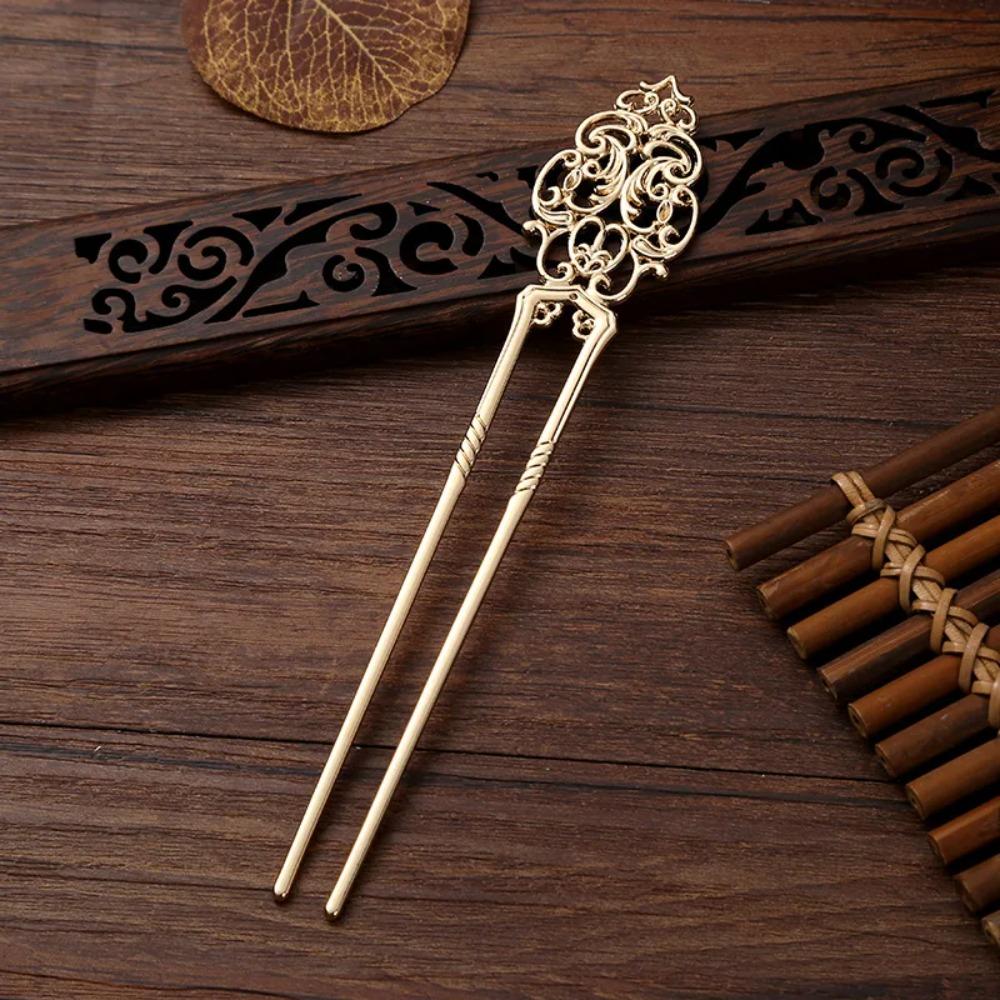 Chinese Ancient Style Straight Hairpin Twist Hairpins Versatile Electroplating U-shape Hairpin Creative Hollow Hair Accessories