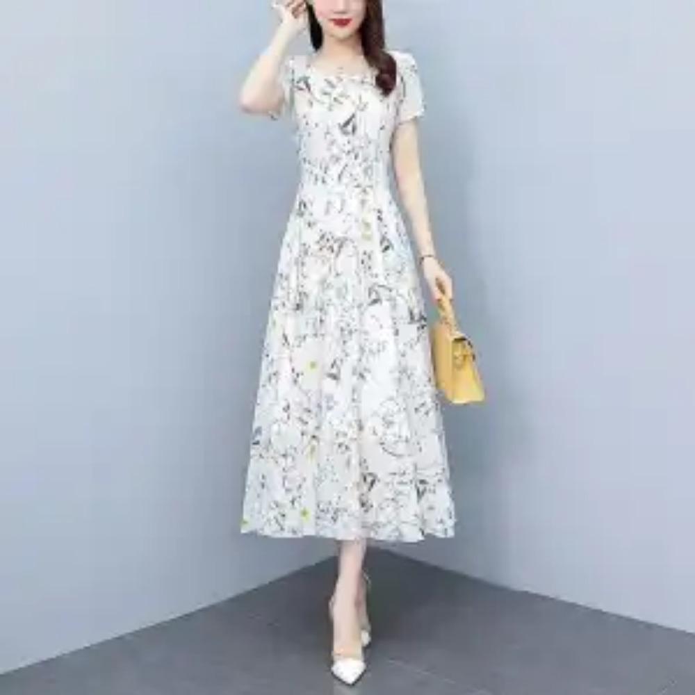 Elegant Fashion Harajuku Slim Fit Female Clothes Casual All Match A-line Skirt Patchwork Printed O Neck Short Sleeve Dresses