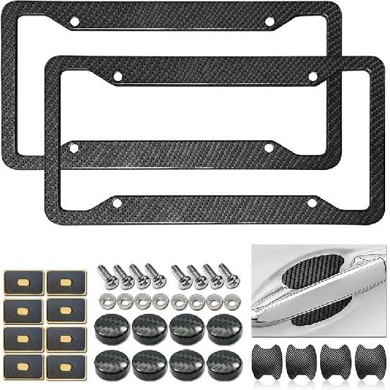 Carbon Fiber License Plate Frames- Black Carbon Pattern Aluminum Front & Rear Car Tag Holder Cover 2 Pack With Mount Hardware, Screws, Caps,