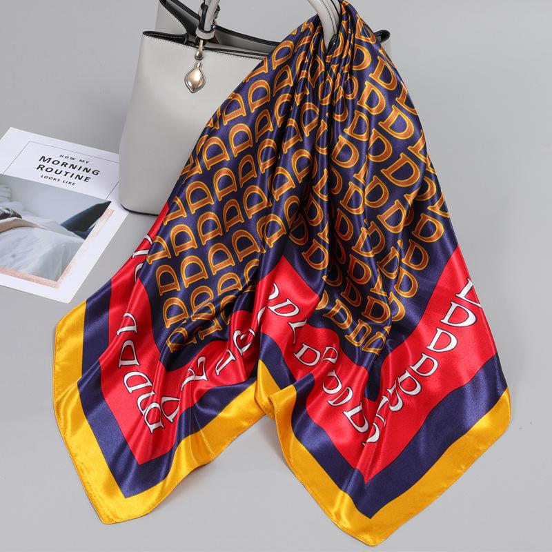 90*90Cm Women Elegant Floral Printed Square Imitation Silk Scarf Hijab Women Luxury Sunscreen And Dustproof Kerchief Head Scarf