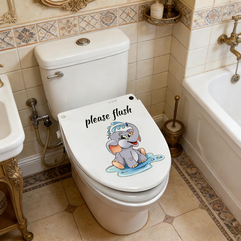 Contemporary Cartoon Elephant Wall Sticker, PVC "Please Flush" Toilet Decor, Self-Adhesive Bathroom Decal, Animal Theme Wall Art