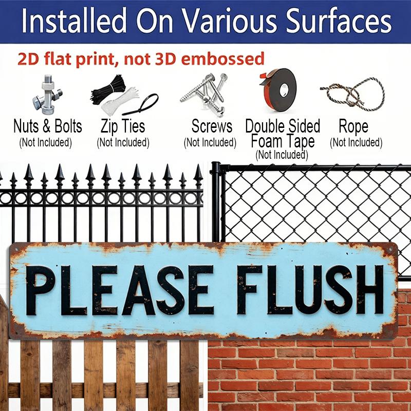 2D Flat, 1pc Rustic "Please Flush" Aluminium Decorative Sign - Vintage Bathroom Decor with Distressed Blue Background & Black Text, 15.7×3.94inch