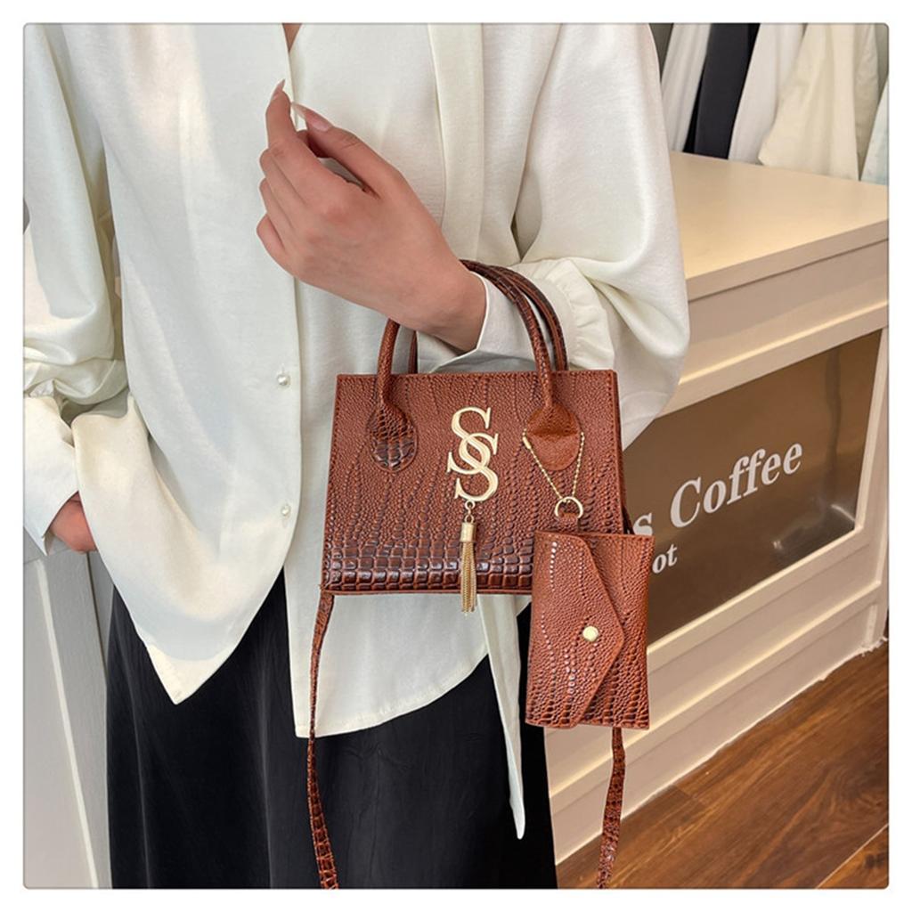 Fashion Solid Color Simple Crocodile Letters Tassel Casual Atmosphere Shoulder Handbag Bag For Women