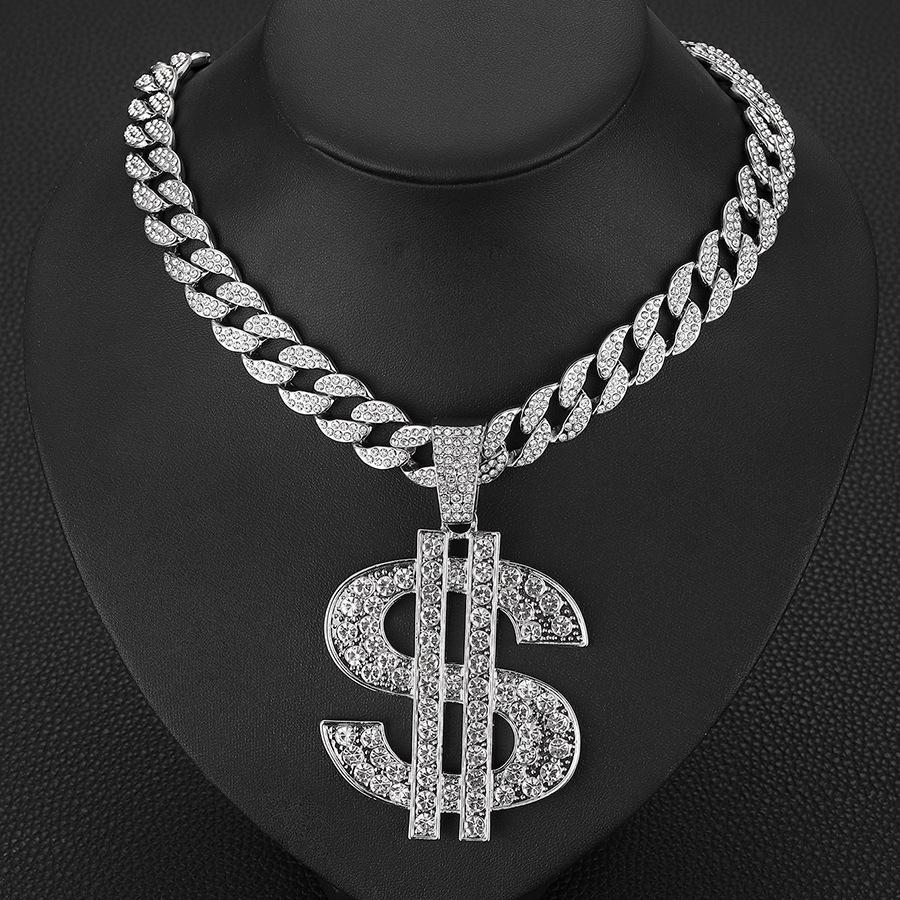 Exaggerated US Dollar Sign Hip Hop Necklace with Diamond Inlays - Trendy Alloy Pendant for Men