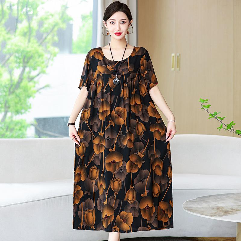 Cotton Silk Dress Women's Summer Large Size Temperament Loose Printing Casual Cotton and Linen Long Skirt