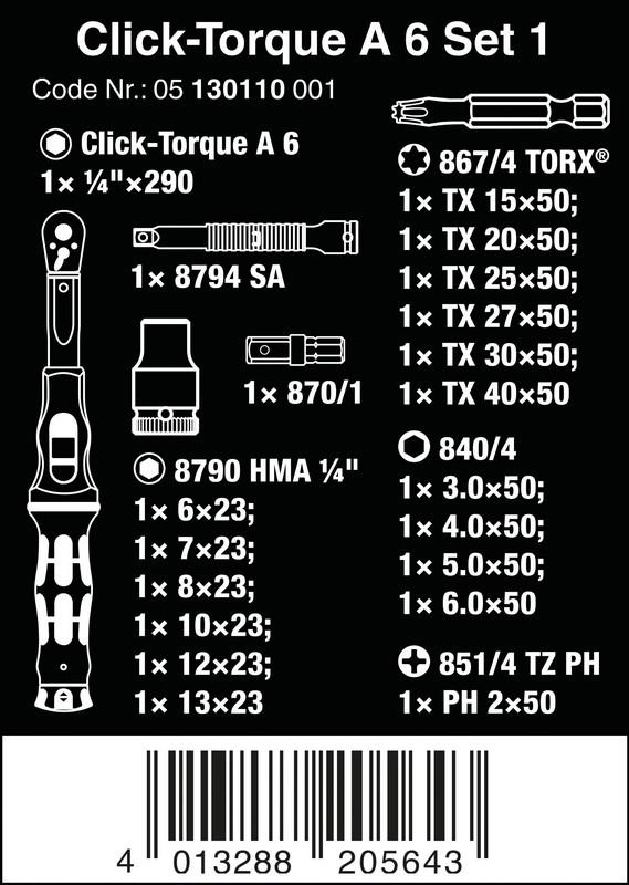 Click-Torque Wrench 1/4''2.5-25Nm, 20 Pieces - W05130110001