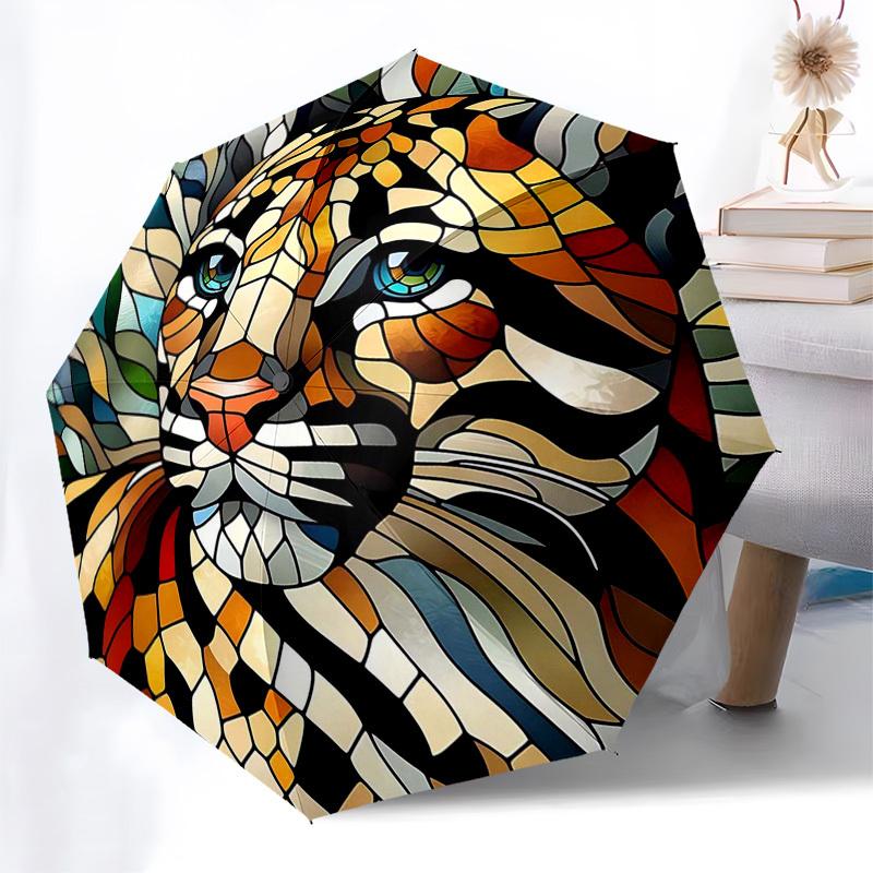 

1pc Stained Glass Tiger Face Design Automatic Folding Umbrella - Portable 3-Fold Design, 8-Bone Iron Frame Outdoor Umbrella, Perfect Gift for Fans, Tr