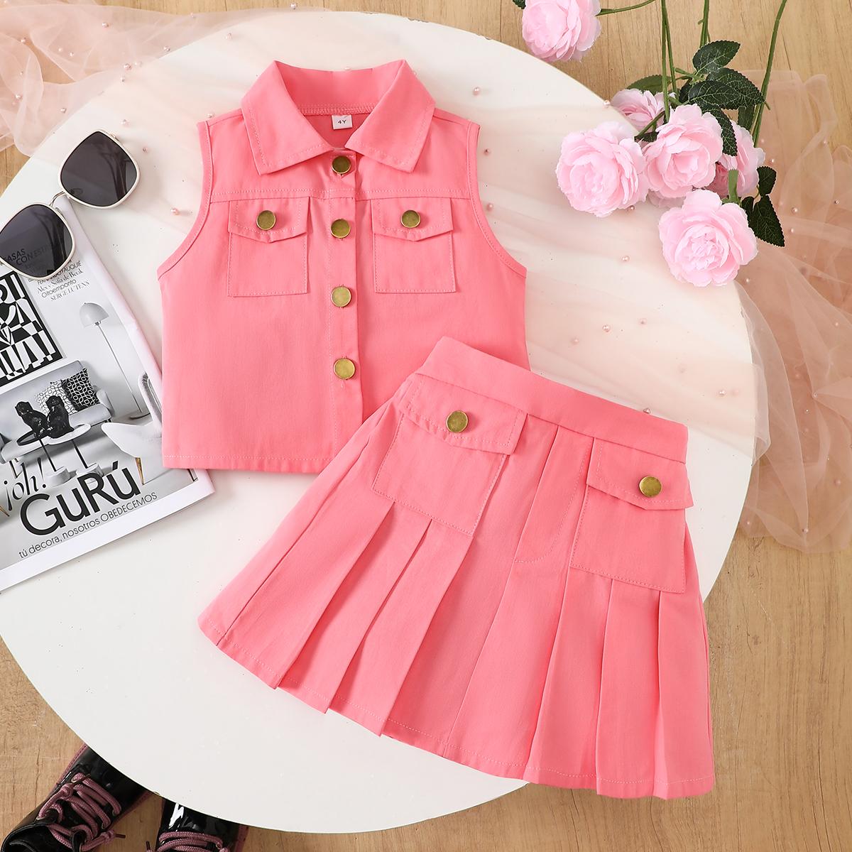 Girls Pink Vest & Pleated Skirt 2Pcs Casual Outfit 4Y легкие лосось розовый