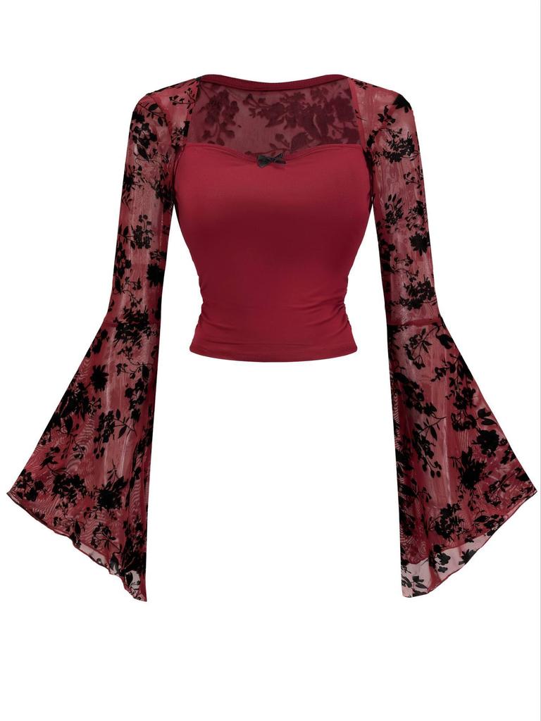 2026 New Lace Patchwork Women's Sexy Mesh Long Sleeve Top