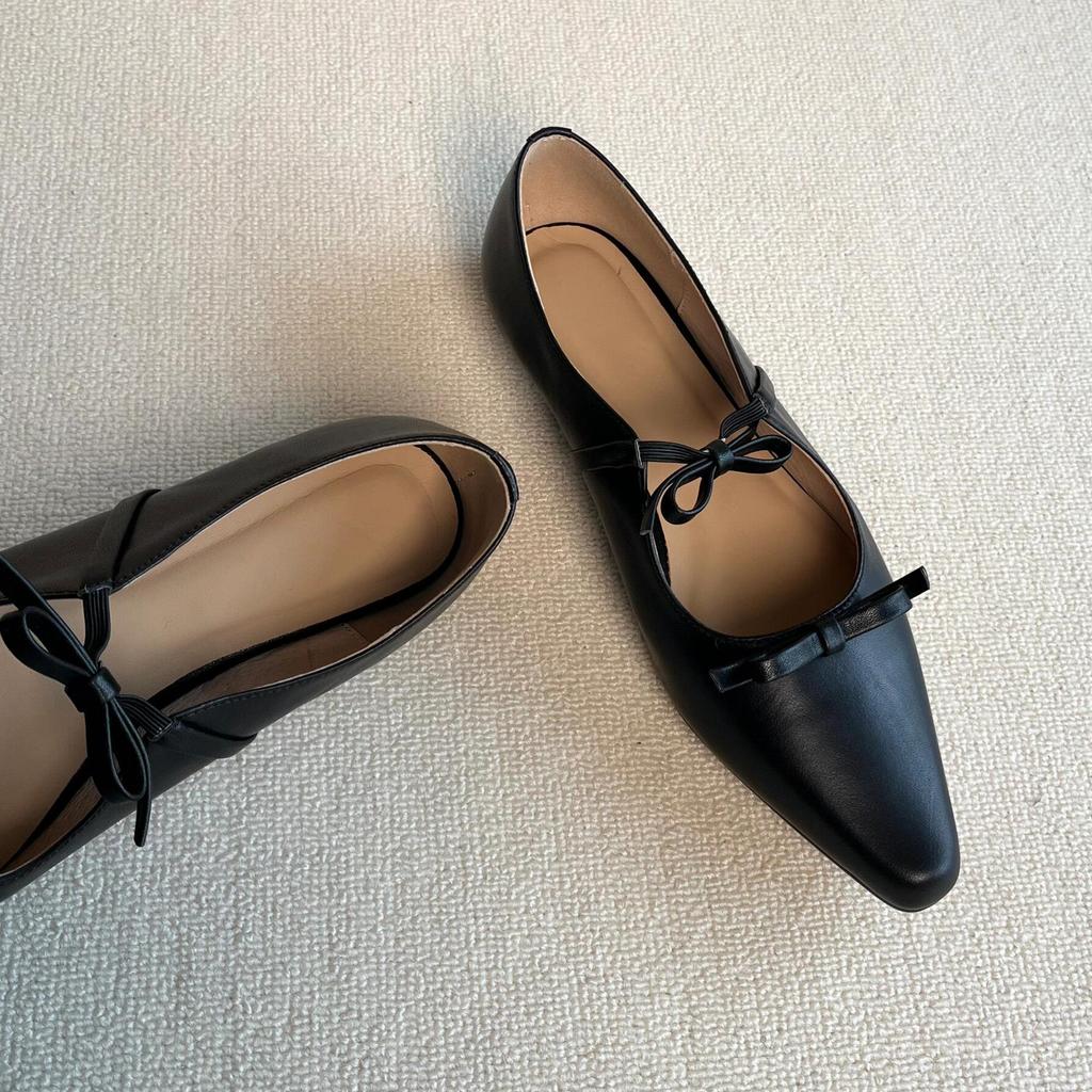 Sheepskin~ Black Single Shoes Women's Pointed Head Shallow Mouth Bow Genuine Leather Shoes Flat Shoes Women's Low Heel Mary Jane Shoes Women's