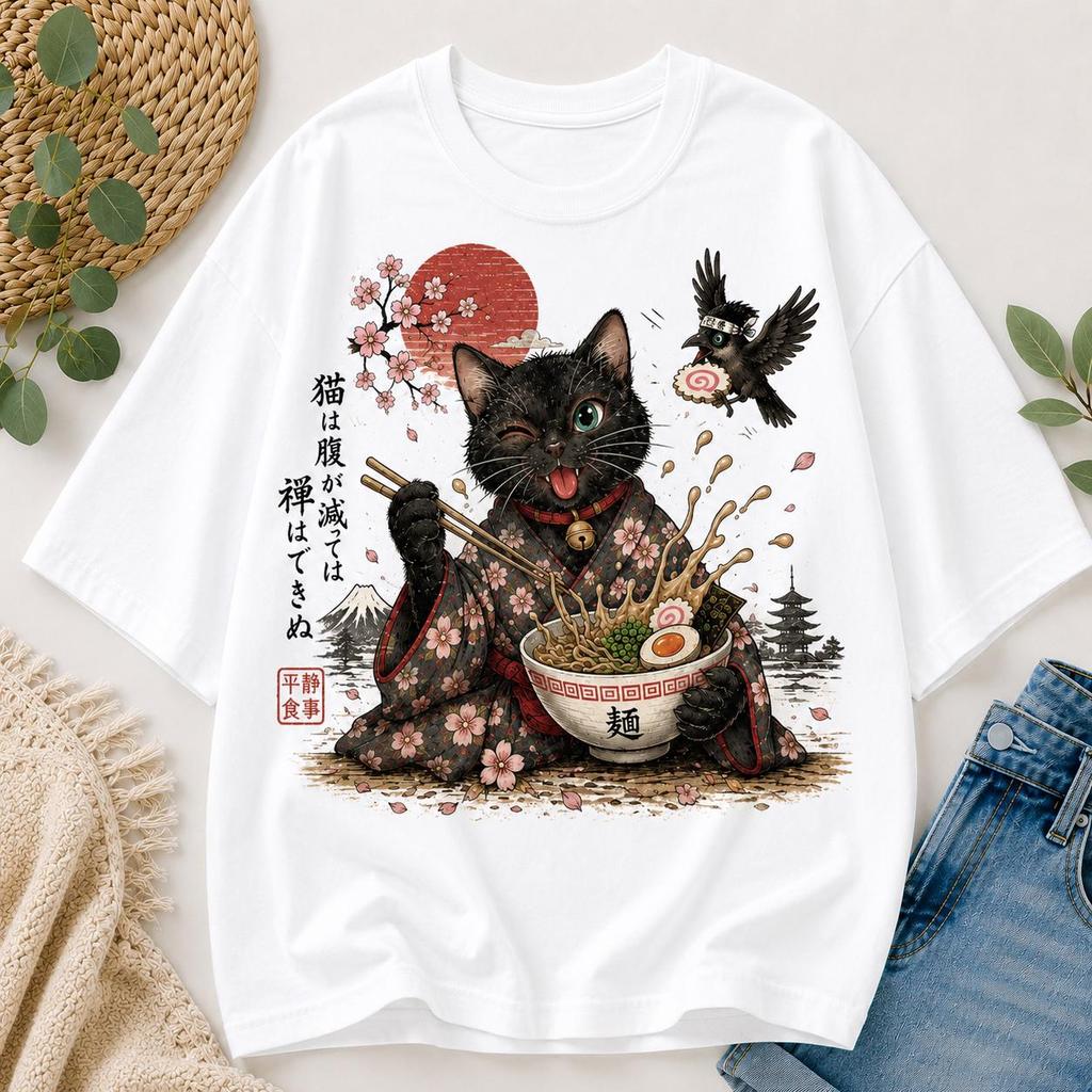 Cute Black Cat Ramen T-Shirt – Kawaii Japanese Anime Cat Eating Noodles, Sakura Kimono Graphic Tee, Funny Foodie Gift for Cat Lovers