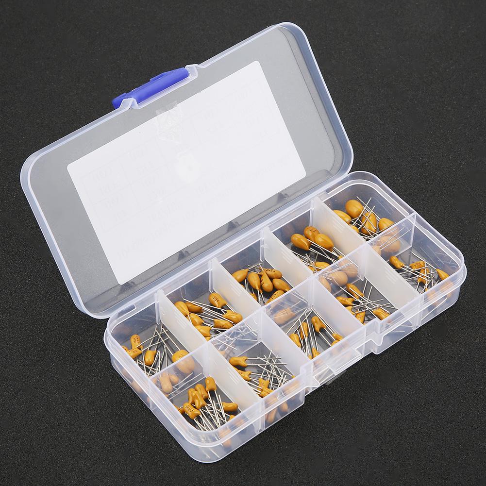 100pcs 10 Values 16V 1 uf   100 uf Tantalum Capacitors Assorted Kit with Box