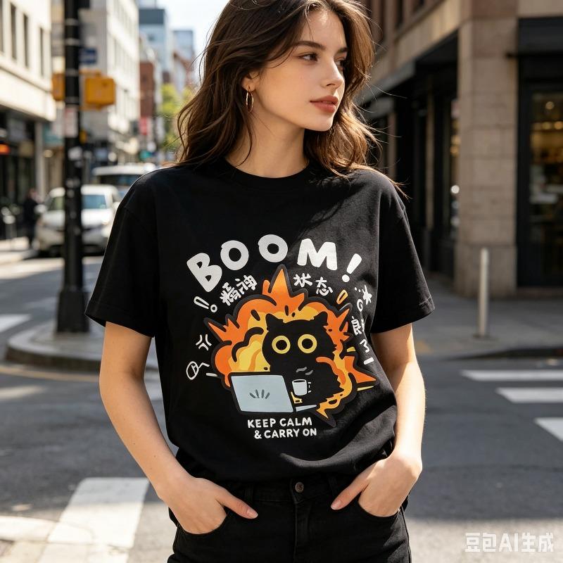 Boom Cat Laptop Print Unisex Tshirt Keep Calm Carry On Funny Cat Graphic Tee Casual Short Sleeveshirt For Streetwear