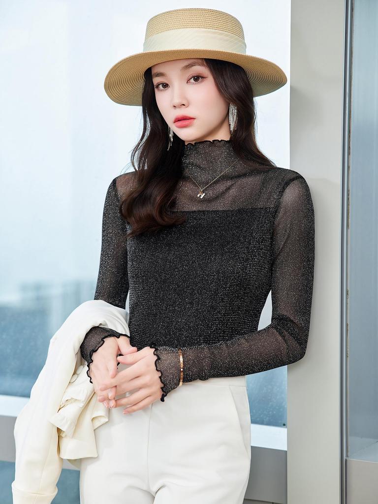 Damen Lurex Mesh Spitzenbluse - Herbst 2025 Langarm Halbochgeschlossenes Oberteil