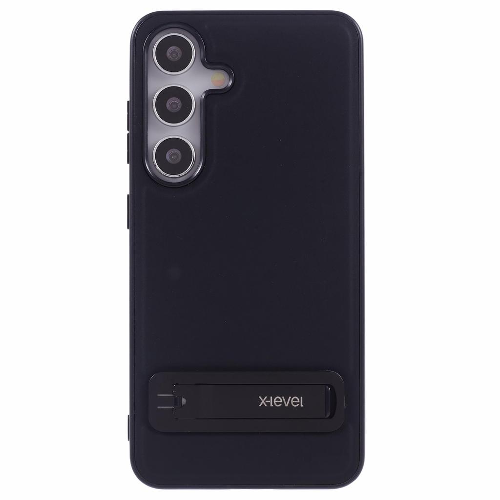 X-LEVEL For Samsung Galaxy S25 Phone Case Leather Coated PC TPU Back Cover with Metal Kickstand
