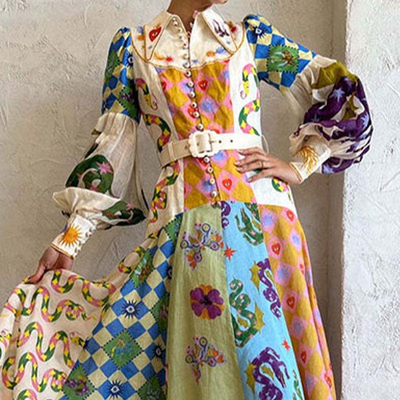 2025 European & American Women's Lantern Sleeve Print Turn-Down Collar Waist-Gathering Long Swing Spring Dress