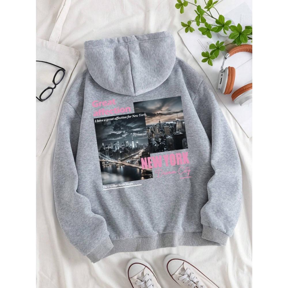New York Dream City Printed Hoodies Casual Fashion Women Pullover Warm Pocket Sweatshirt Oversize Street Clothes