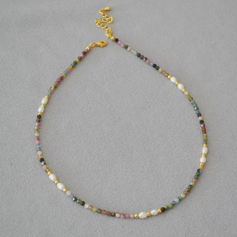 French Retro-Style Tourmaline & Freshwater Pearl Beaded Clavicle Necklace