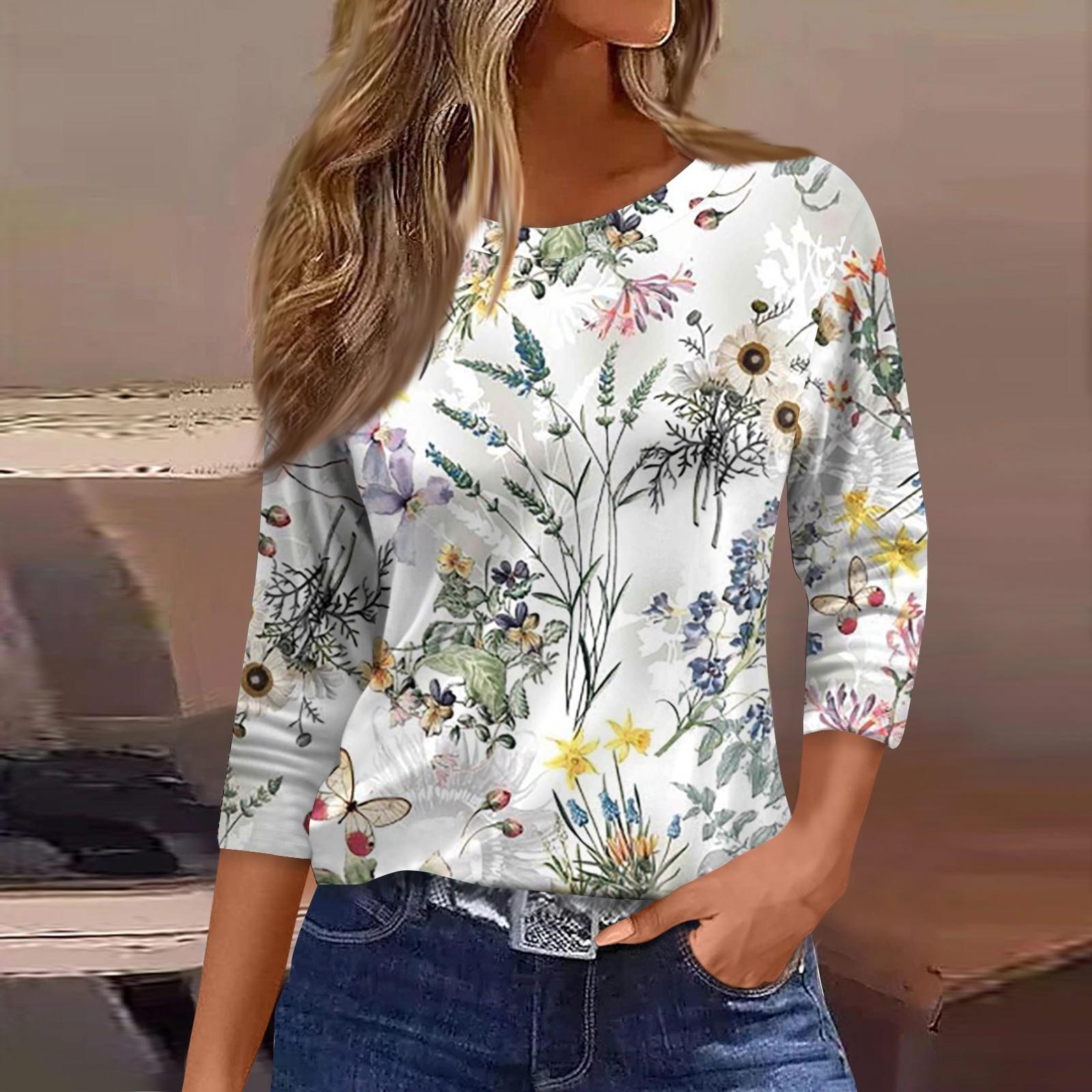 

Женские топы с рукавами 3/4, цветочный принт, винтажная мода, повседневные свободные рубашки с круглым вырезом больших размеров