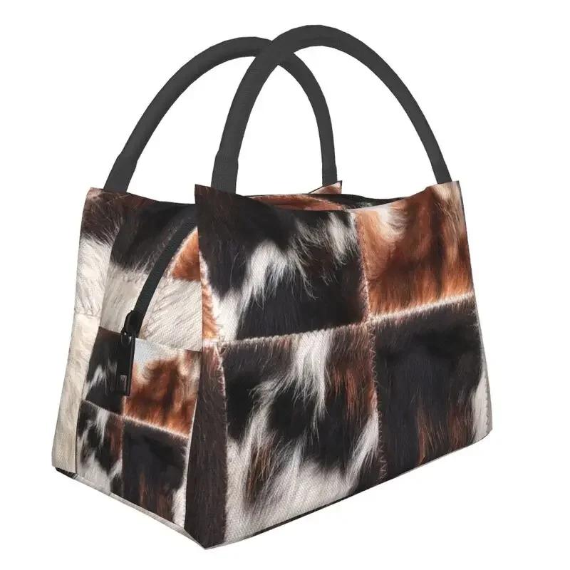 Cowhide Leather 3D Printing Resuable Lunch Box Women Waterproof Animal Fur Texture Thermal Cooler Food Insulated Lunch Bag