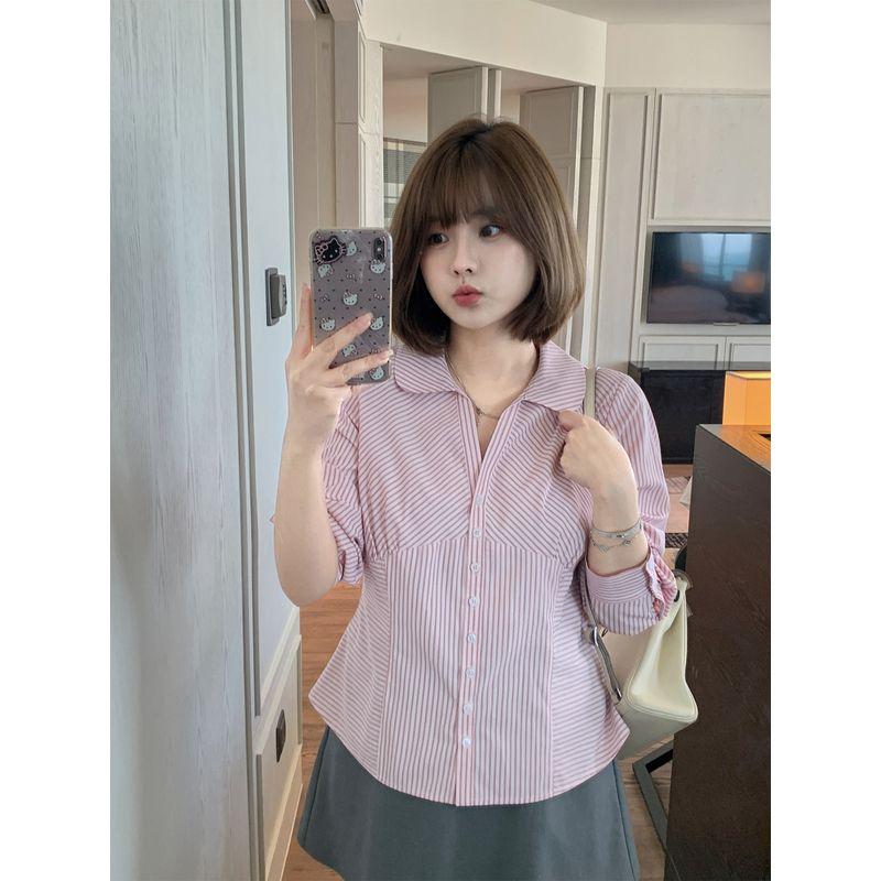 

Maxi Plus-Size Women s V-Neck Tie-Waist Shirt, Spring Season Loose-Fitting Slimming Long-Sleeve Top for Slightly Plump Women Pink Stripes (Batch 1) L