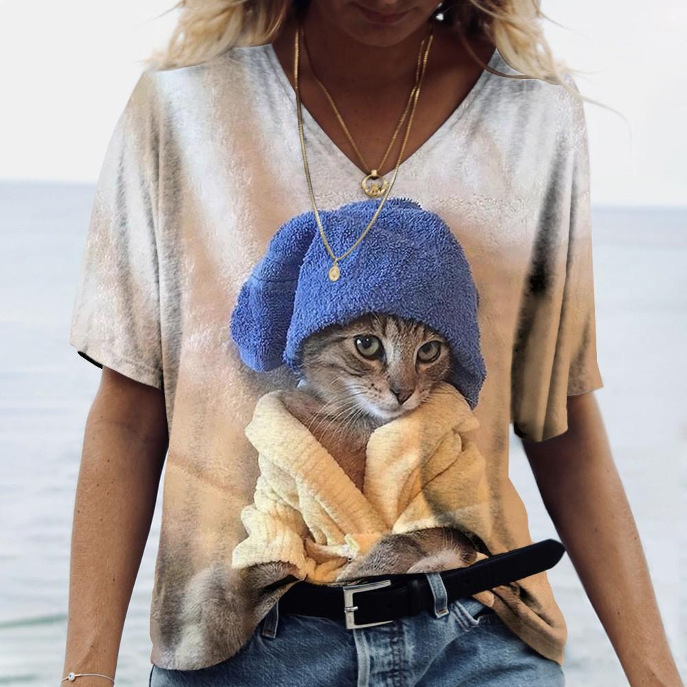 Summer 3D T-shirt Short Sleeved Cat Print Women's V-neck T-shirt