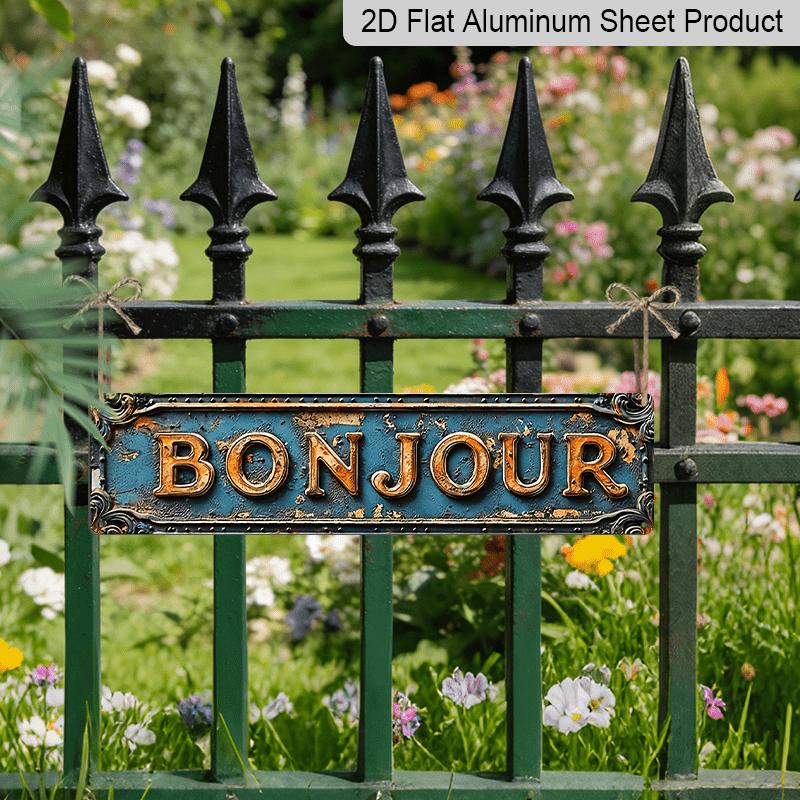 2D Flat, A Vintage Bonjour Aluminum Decorative Sign - 15.7×3.94inch French Street Sign Suitable for Home, Café, Garage, Cottage - Rustic Style
