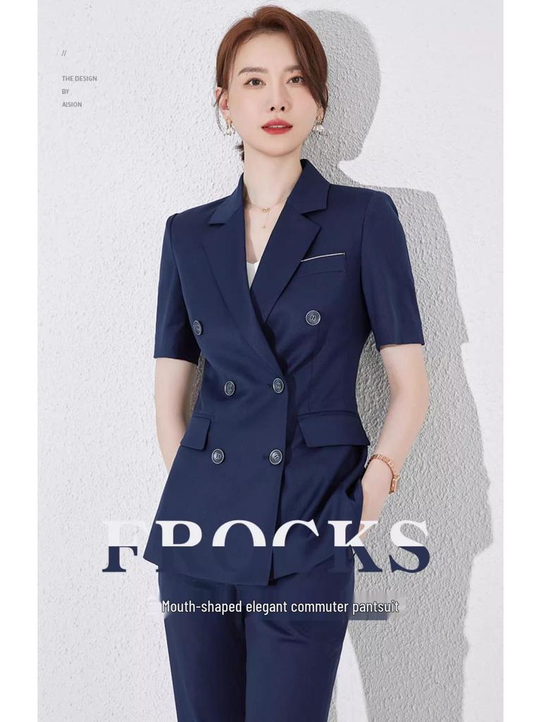 Navy Blue Short Sleeve Double-Breasted Professional Suit Set
