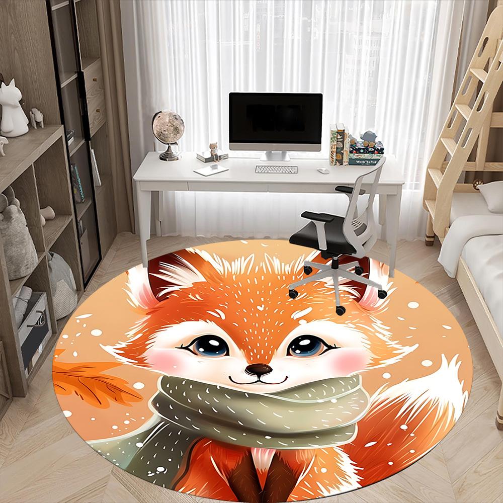 1pc Winter Fox Office Round Area Rug, Indoor Mat Suitable ForOffice, Under Office Chairs Bedroom Living Room Home Decor, Room Deco D079