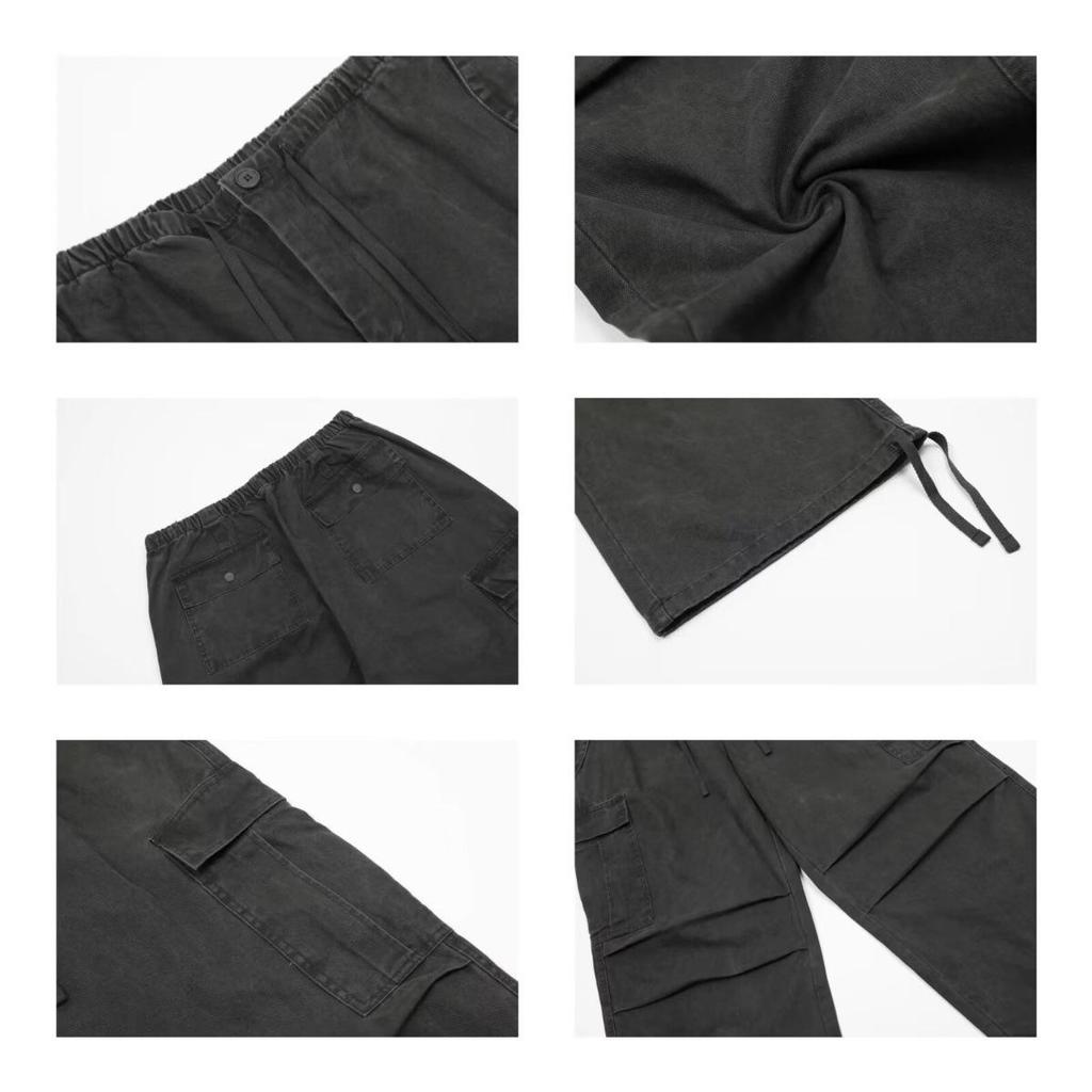 Women's Retro Washed Cargo Pants - Multi-Pocket, Distressed, Loose Fit, Wide-Leg, Pleated with Drawstring.