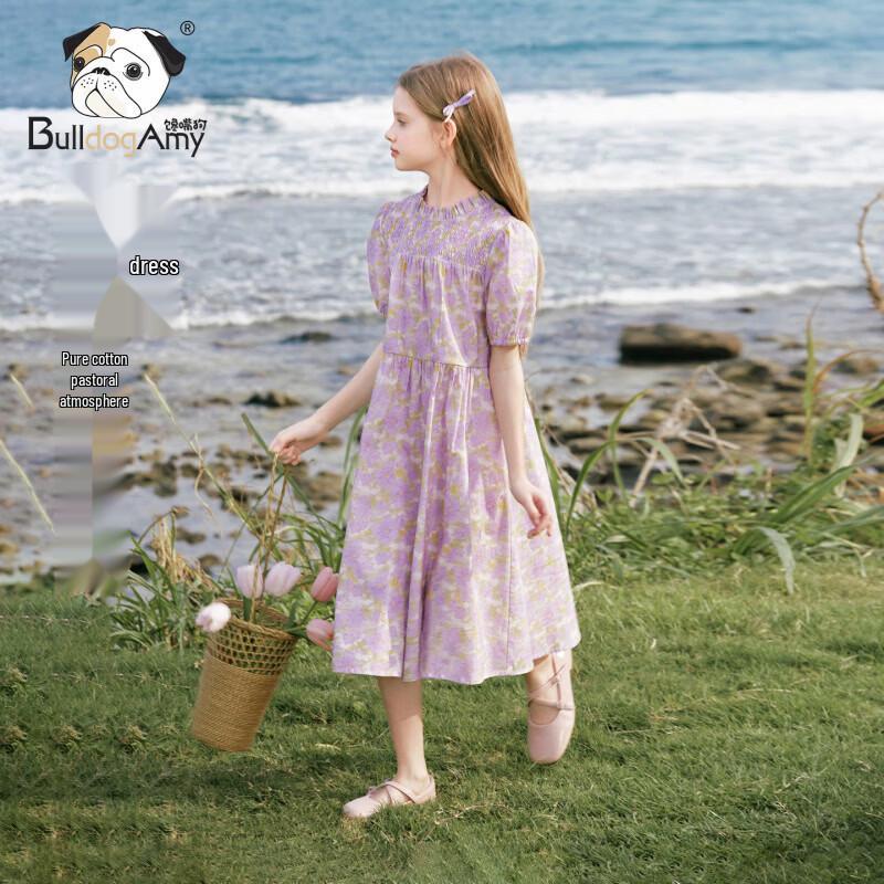 CHANZUIGOU Girls Pink-Purple Floral Cotton Bubble Sleeve Dress 150 cm