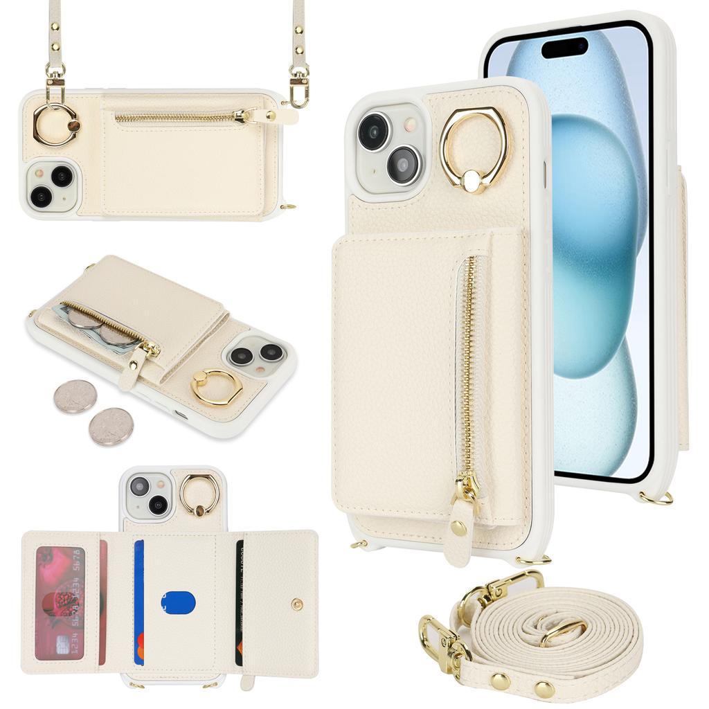 For iPhone 15 Plus/14 Plus Case Card Bag PU Leather+TPU Phone Cover with Ring Kickstand