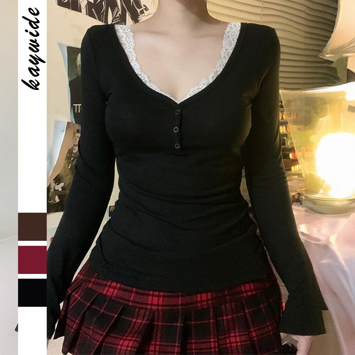 

Мода Y2K Кружевная футболка с пуговицами и длинным рукавом Женская 2025 Осень и Зима Повседневная и Универсальная S чёрный