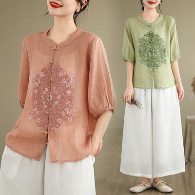 Camicia Casual Stile Cinese Donna Arrivo Estate Vintage Ricamo Floreale Larga Top a Mezza Manica Femminili Camicie