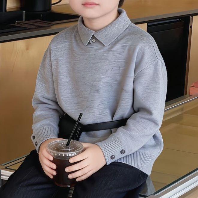 Spring Boys Old Money Knit Polo Shirt Korean Long Sleeve Fashionable Versatile Kids Clothing