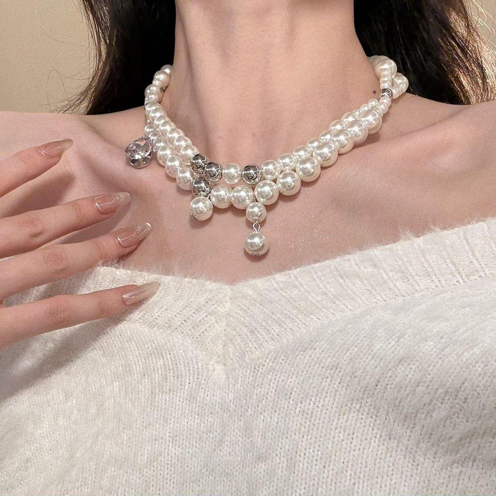 French Chic Glass Beaded Pearl Necklace with Zircon Drop