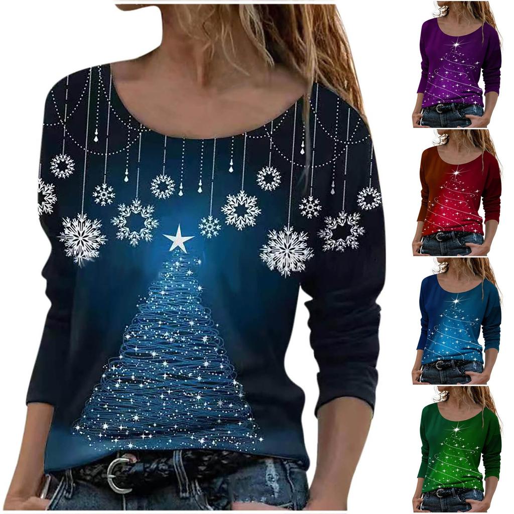 Women's Casual Fashion Christmas Print Long Sleeve O-Neck Pullover Top