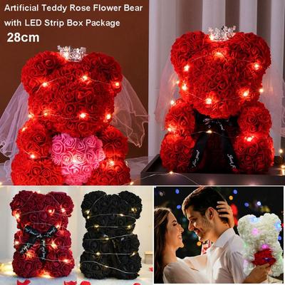 28cm Künstlicher Teddy-Rose Mehrfarbig Romantisches Valentinstagsgeschenk Blumenbär mit LED-Streifen Freundin Frauen Jubiläumsbär