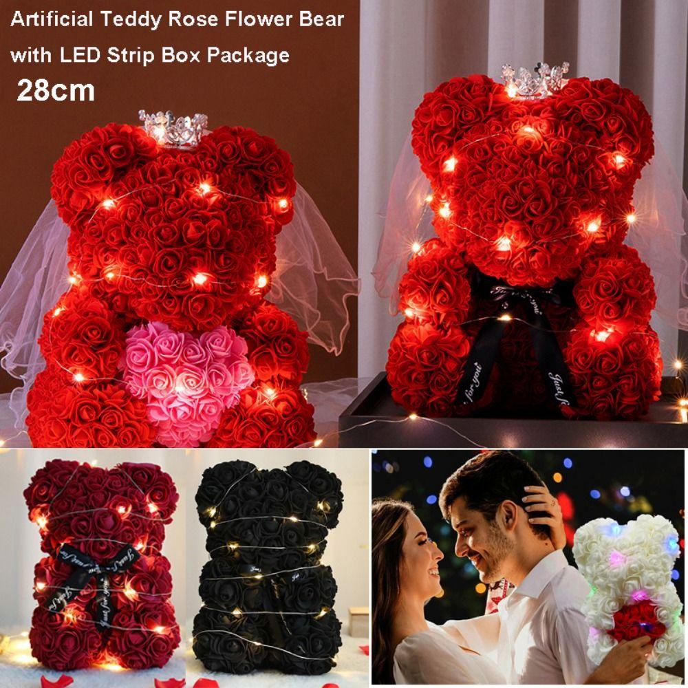 28cm Artificial Teddy Rose Multicolors Romantic Valentines Day Gift Flower Bear with LED Strip Girlfriend Women Anniversary Bear