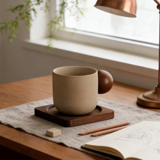 Sada vintage keramických hrnků s dřevěnou rukojetí a podšálkem, objem 150 ml, hrnek na kávu s udržením tepla pro domácnost a kancelář, elegantní dárek pro milovníky kávy