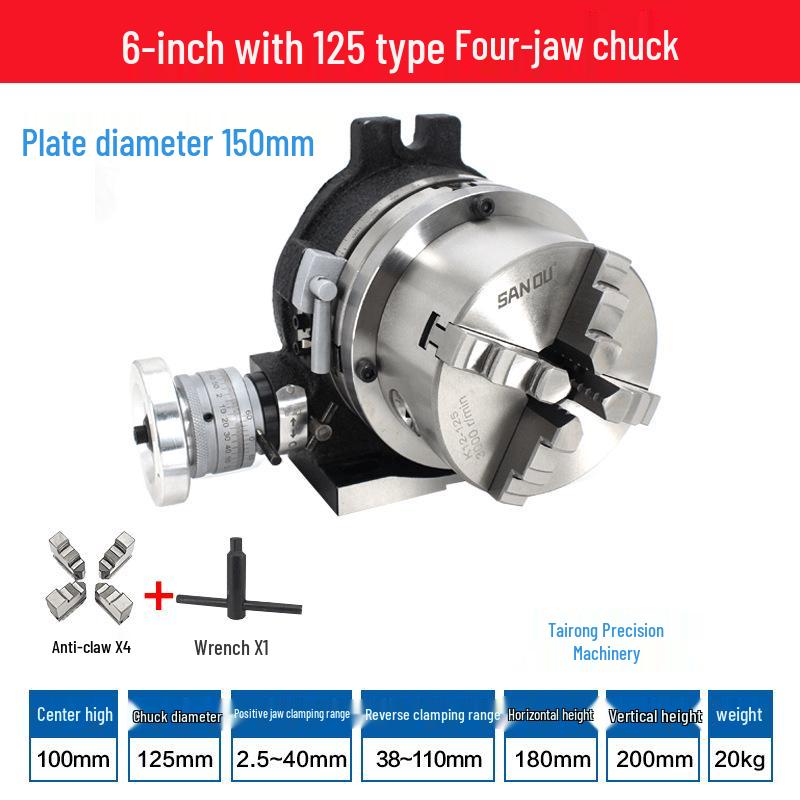 HV8 Rotary Table with Four-Jaw Chuck, Universal Vertical/Horizontal Milling Machine Indexing Head