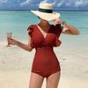 2024 Women's Beach Vacation One-Piece Swimsuit - Deep V-Neck, Ruffle, Sexy Japan-Korea-Thai Style.